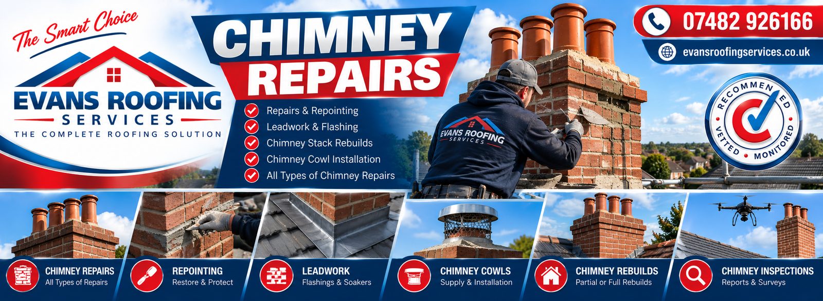 Evans Roofing Services chimney repairs banner: repointing, leadwork, chimney pots and cowls