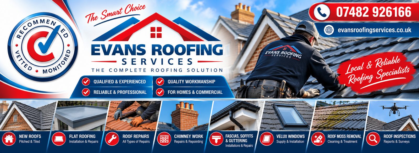 Evans Roofing Services: new roofs, flat roofs, roof repairs, chimney work, fascias, soffits, VELUX windows, moss removal and roof inspections