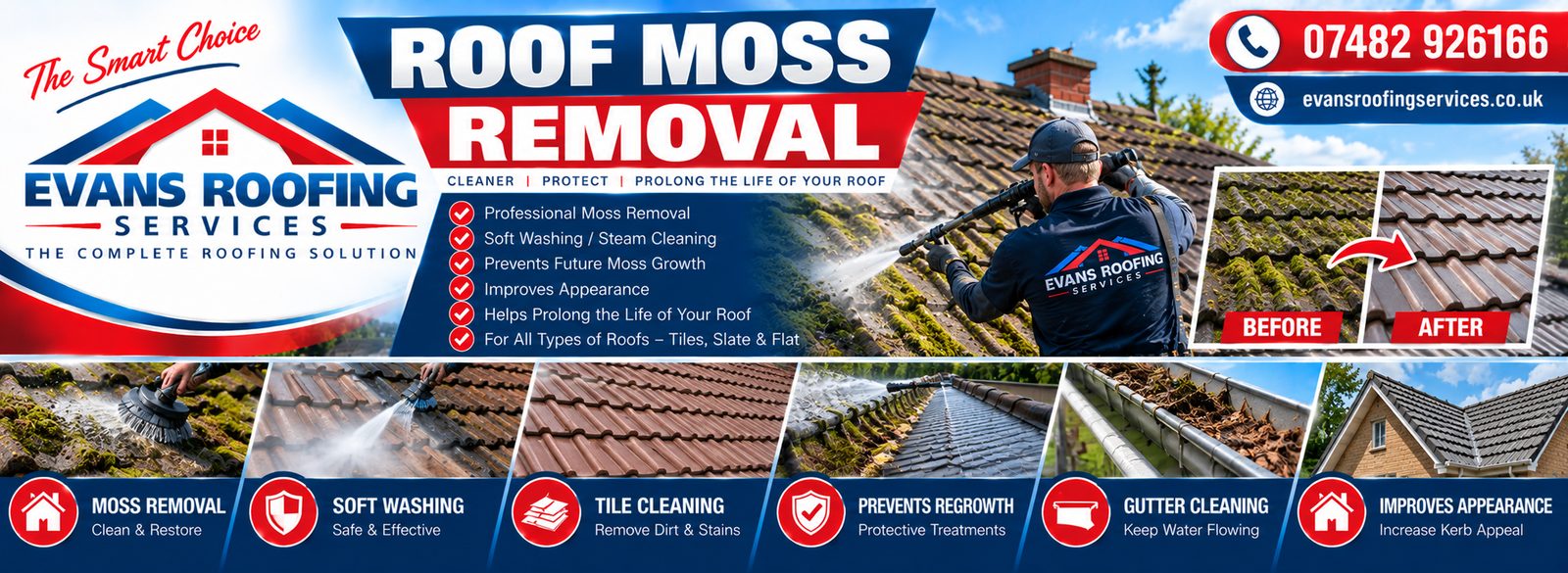 Evans Roofing Services roof moss removal and roof cleaning banner